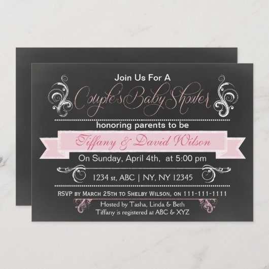 Chalkboard roze Couple's Baby shower Invitation Kaart (Voorkant / Achterkant)