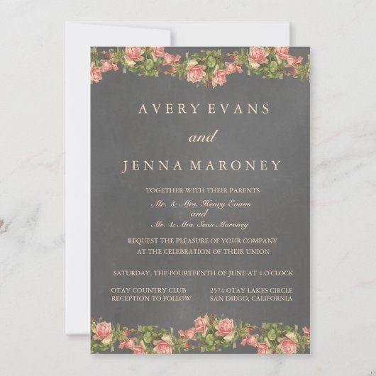  Chalkboard Roze Flower Wedding Invitation Kaart (Voorkant)