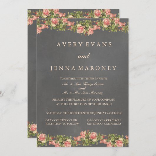  Chalkboard Roze Flower Wedding Invitation Kaart (Voorkant / Achterkant)