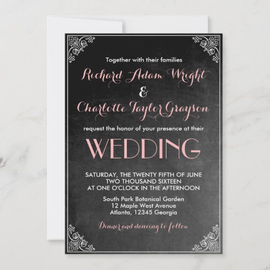 Chalkboard Roze Gray Wedding Uitnodiging (Voorkant)