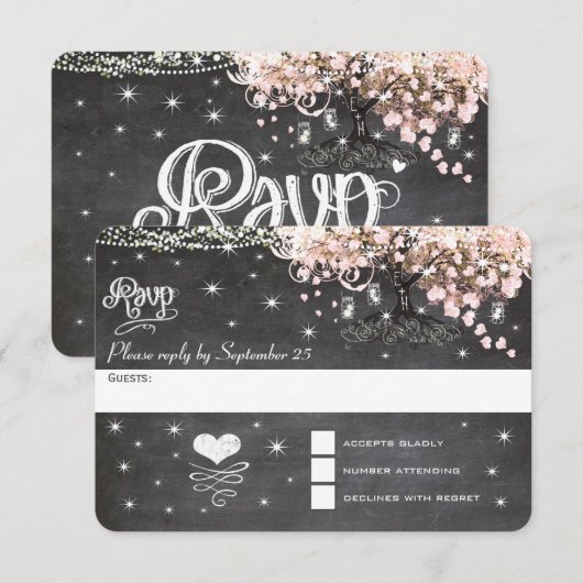 Chalkboard roze Heart Leaf Tree RSVP (Voorkant / Achterkant)