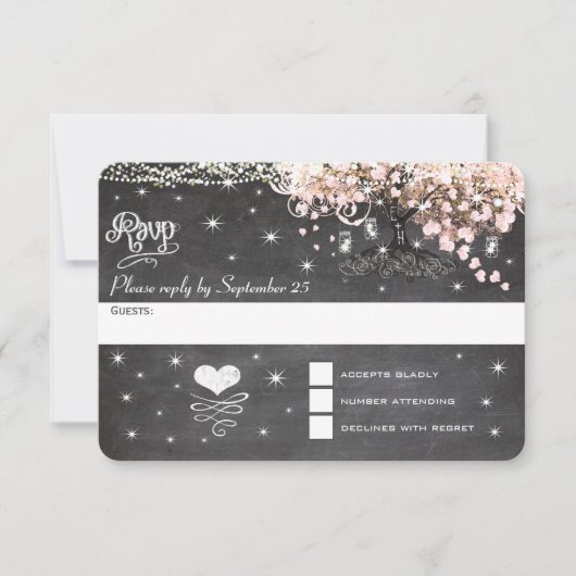 Chalkboard roze Heart Leaf Tree RSVP Kaartje (Voorkant)