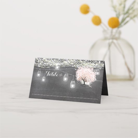 Chalkboard Roze Heart Leaf Tree Weduwgoedkaart Plaatskaartje (Voorkant)