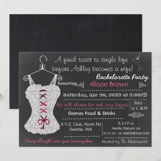 Chalkboard roze Lace Lingerie Shower Bachelorette Kaart (Voorkant / Achterkant)