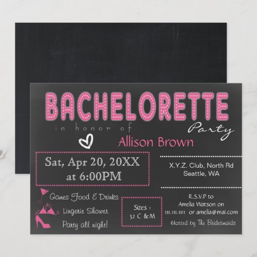 Chalkboard roze Lingerie Shower Bachelorette Kaart (Voorkant / Achterkant)