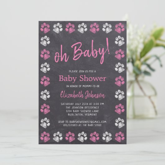 Chalkboard roze paw Baby shower Kaart (Staand voorkant)