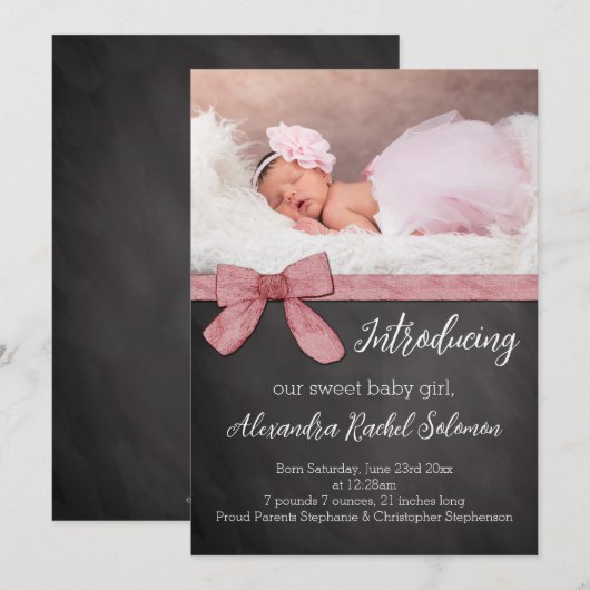 Chalkboard roze strik meisje Baby geboorte aankond Aankondiging (Voorkant / Achterkant)