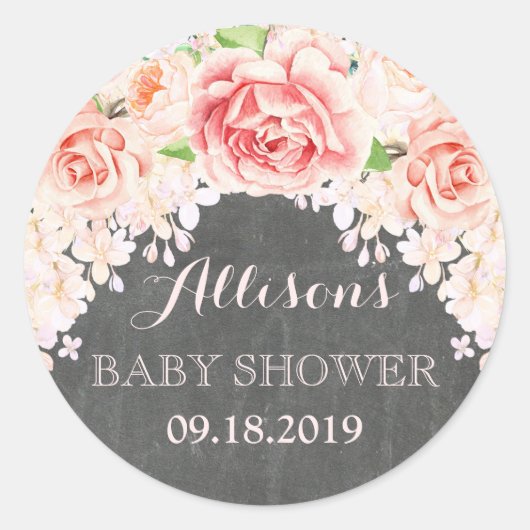 Chalkboard Roze Waterverf Flowers Baby shower Ronde Sticker (Voorkant)
