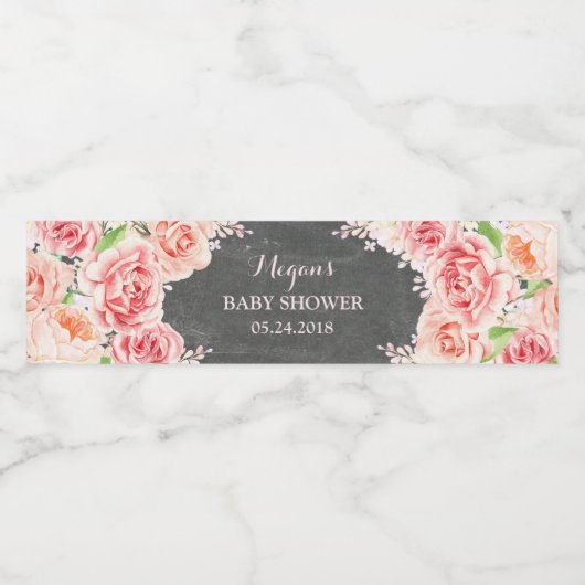 Chalkboard Roze Waterverf Flowers Baby shower Waterfles Etiket (Enkel label)