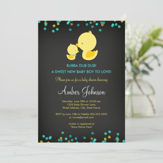 Chalkboard Rubber Duck Baby shower Uitnodiging (Staand voorkant)