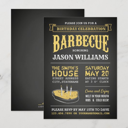 Chalkboard Rustic BBQ Birthday Party Invitations Kaart (Voorkant / Achterkant)