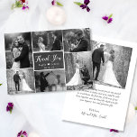 Chalkboard Rustic Black White Collage Wedding Bedankkaart<br><div class="desc">Moderne, bijtende krijtbordhandjes met briefjes met handschrift Wedding Black en White 6 multi-foto Collage Wedding Bedankt voor je kaarten. Stijlvolle bruiloft bedankt je sjabloon met zes (6) foto op de voorkant (gebruikt zwart wit filter) en één (1) foto op de achterkant. Met de tekst "dank u" in een handgeschreven lettertype...</div>