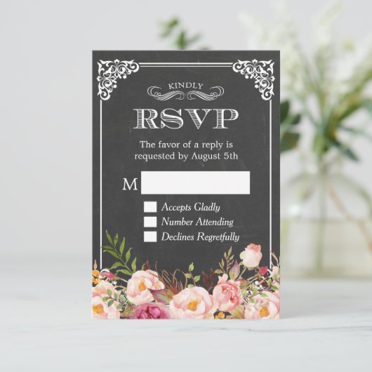  Chalkboard Rustic Floral Decor RSVP Antwoord (Staand voorkant)