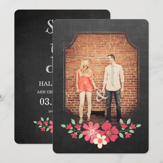 Chalkboard Rustic Floral Save the Date Typografie Kaart (Voorkant / Achterkant)