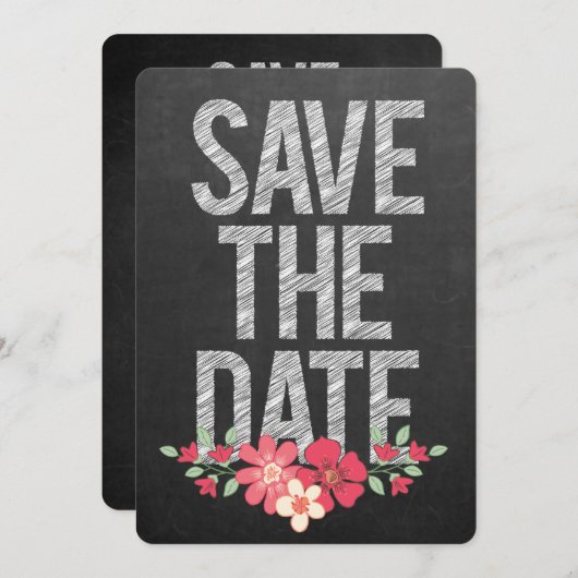 Chalkboard Rustic Floral Save the Date Typografie Kaart (Voorkant / Achterkant)