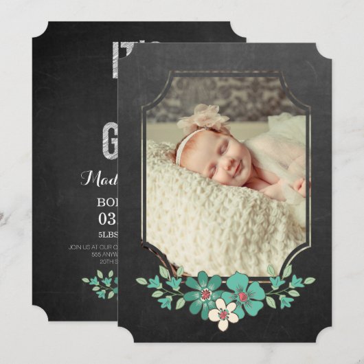 Chalkboard Rustic Floral Typography Sip N Zie Kaart (Voorkant / Achterkant)