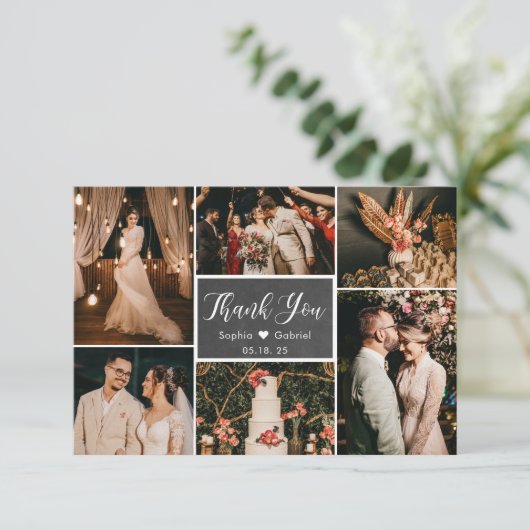 Chalkboard Rustic Multi Photo Collage Wedding Bedankkaart (Staand voorkant)