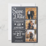 Chalkboard Rustic Photo Collage Save The Date<br><div class="desc">Rustic sparen de datumkaart met een achtergrond van het karton en koordlichten die 3 foto-afbeeldingen van uw keus kenmerken.</div>