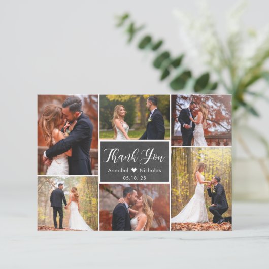 Chalkboard Rustic Script 6 Photo Collage Wedding Bedankkaart (Staand voorkant)