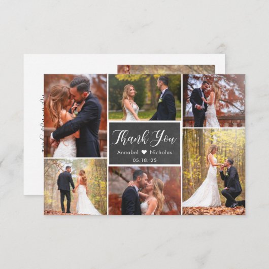 Chalkboard Rustic Script 6 Photo Collage Wedding Bedankkaart (Voorkant / Achterkant)