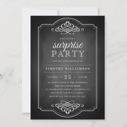  Chalkboard Rustic Surprise Birthday Party Kaart (Voorkant)