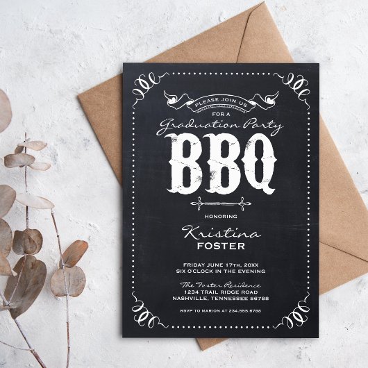 Chalkboard rustieke afstudeerfeest BBQ Kaart