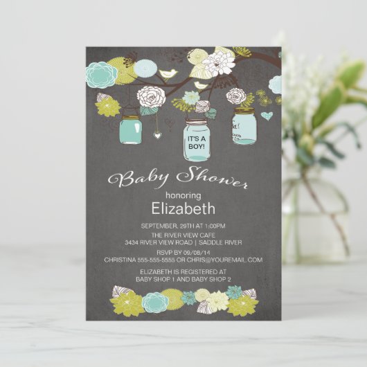 Chalkboard rustieke land Mason Jar Baby shower Kaart (Staand voorkant)