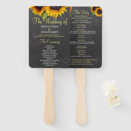 Chalkboard rustieke zonnebloemen chique bruiloft p handwaaier (Voorkant en achterkant)