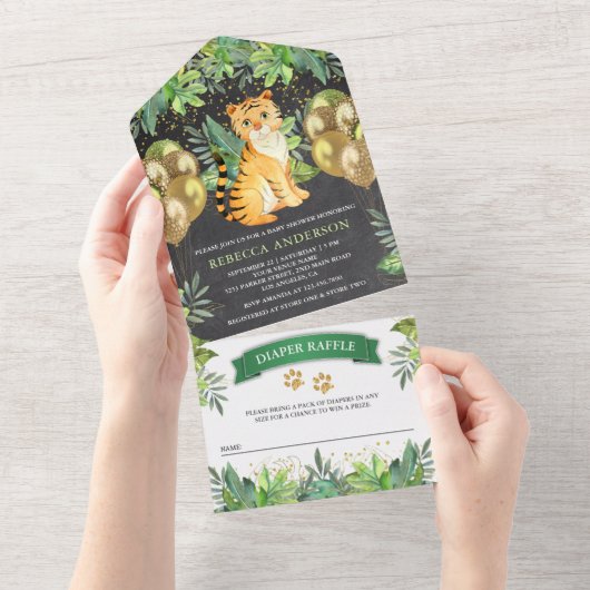 Chalkboard Safari Balloons Tiger Cub Baby shower All In One Uitnodiging (Afscheurbaar)