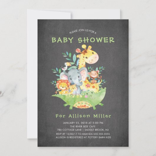 Chalkboard Safari Dieren Baby Douche Uitnodigingen (Voorkant)