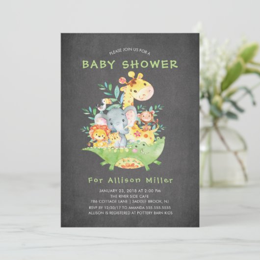Chalkboard Safari Dieren Baby Douche Uitnodigingen (Staand voorkant)