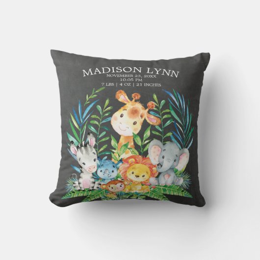 Chalkboard Safari Meisje Geboorte Stats Kussen (Voorkant)