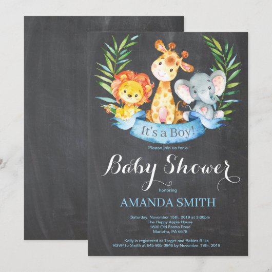 Chalkboard Safari Oerwoud Animals Boy Baby shower Kaart (Voorkant / Achterkant)