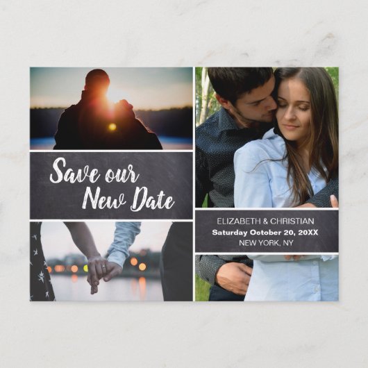 Chalkboard Save Our New date Photo Collage Wedding Briefkaart (Voorkant)