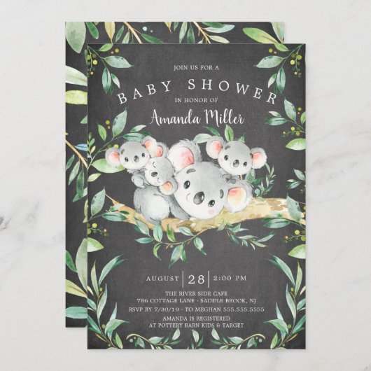 Chalkboard Schattig Koala Beer Triplet Baby shower Kaart (Voorkant / Achterkant)