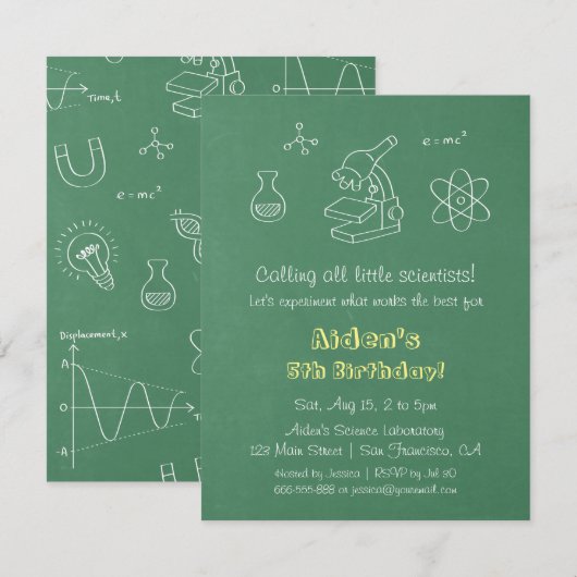 Chalkboard Science Birthday Party Invitations Kaart (Voorkant / Achterkant)