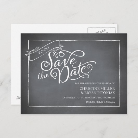 Chalkboard Script White Sla de datum op Aankondigingskaart (Voorkant / Achterkant)