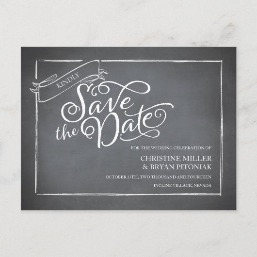 Chalkboard Script White Sla de datum op Aankondigingskaart (Voorkant)