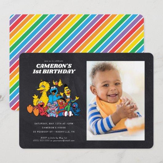 Chalkboard Sesame Street 1st Birthday met foto Kaart (Voorkant / Achterkant)