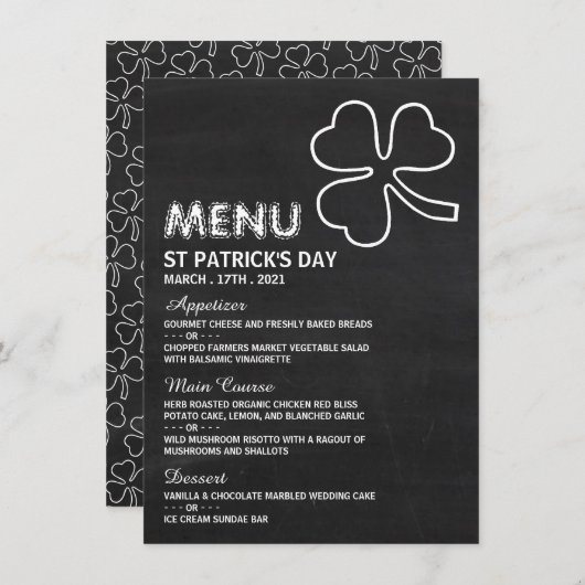 Chalkboard Shamrock, St Patrick's Day Menu Kaart (Voorkant / Achterkant)