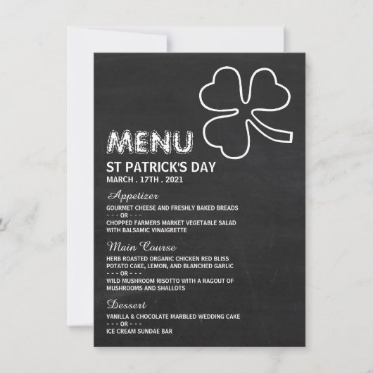 Chalkboard Shamrock, St Patrick's Day Menu Kaart (Voorkant)