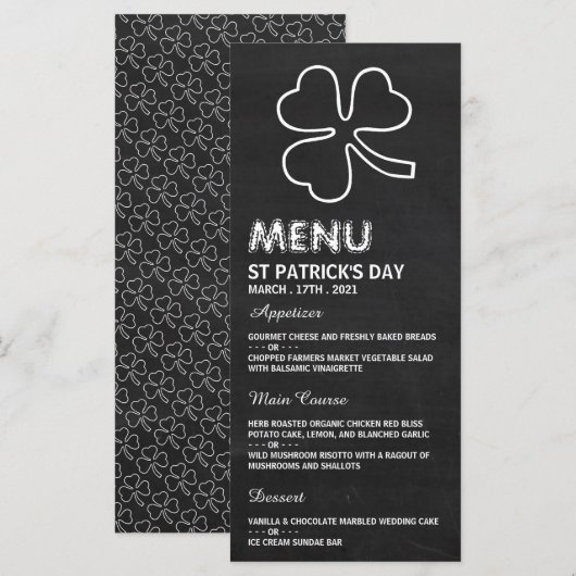 Chalkboard Shamrock, St Patrick's Day Menu Kaart (Voorkant / Achterkant)