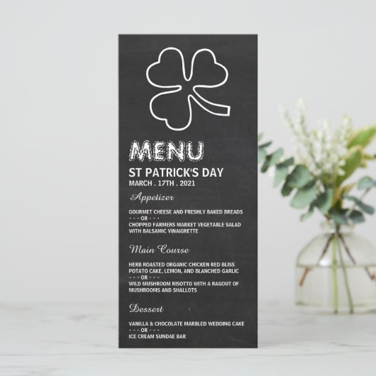 Chalkboard Shamrock, St Patrick's Day Menu Kaart (Staand voorkant)
