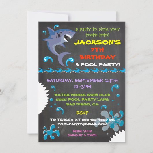 Chalkboard Shark Pool Birthday Party Invitations Kaart (Voorkant)