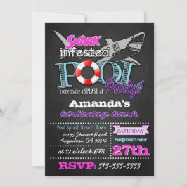 Chalkboard Shark Pool Party Birthday Invitations Kaart