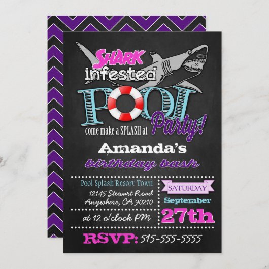 Chalkboard Shark Pool Party Birthday Invitations Kaart (Voorkant / Achterkant)