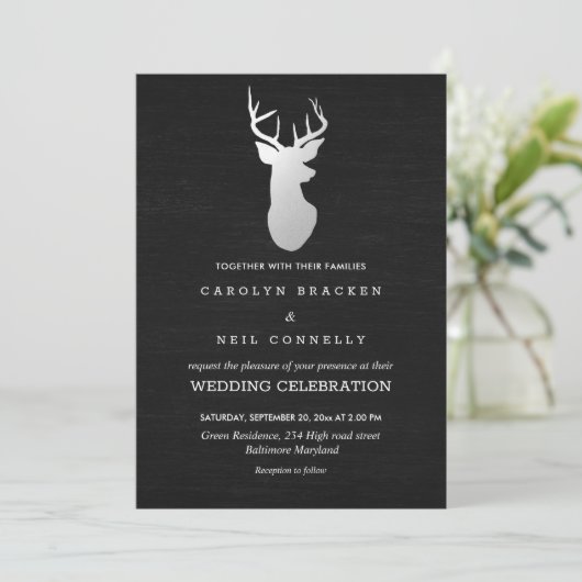 Chalkboard  Silver Antler Wedding Kaart (Staand voorkant)