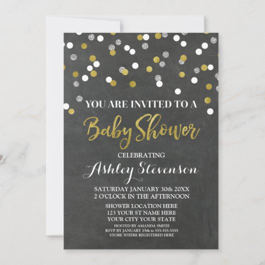 Chalkboard Silver Baby shower Invitation Confetti Kaart (Achterkant)