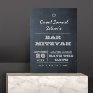 Chalkboard Silver Bar Mitzvah Save the Date Kaart