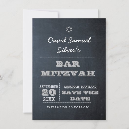 Chalkboard Silver Bar Mitzvah Save the Date Kaart (Voorkant)